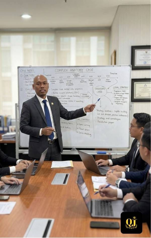 Tim Pengacara QJ Law Firm sedang melakukan rapat bedah kasus dan penyusunan strategi hukum untuk klien di Jakarta.